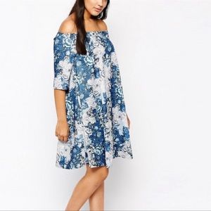 ASOS CURVE Blue Floral Off Shoulder Dress